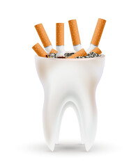 Ashtray teeth with cigarette. Dangers of smoking effect on human tooth. Dental care concept. Stop smoking, World No Tobacco Day. 3D Vector illustration on white background.