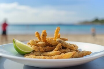 Fried breaded anchovies with lime, tropical brazilian food, negative space