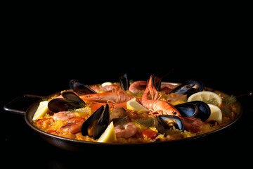 Seafood paella on a pan, professional shot
