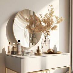 Modern, minimal beige dressing table, gold handle drawer storage, twig in glass vase, round vanity mirror in beige wall bedroom for luxury beauty, cosmetic, makeup product background Generative AI, AI