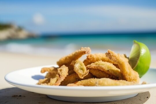 Fried breaded anchovies with lime, tropical brazilian food, negative space (manjuba and pititinga)