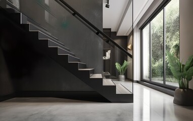 Obraz premium Modern, elegant black cement stone stair, corridor with window, tempered glass panel, stainless steel handrail in polished concrete wall hall, epoxide floor. Interior background 3D, Generative AI, AI