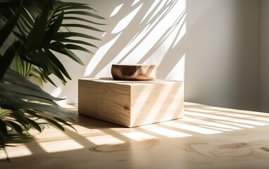 Natural log cube podium, minimalistic empty pedestal in sunlight, palm leaf shadow in blank cream white wall, floor for modern, luxury organic cosmetic, skincare, beauty, Generative AI, AI