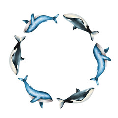 Watercolor frame with blue whale and killer whale isolated on white background. Hand painting realistic Arctic and Antarctic ocean mammals. For designers, decoration, postcards, wrapping paper