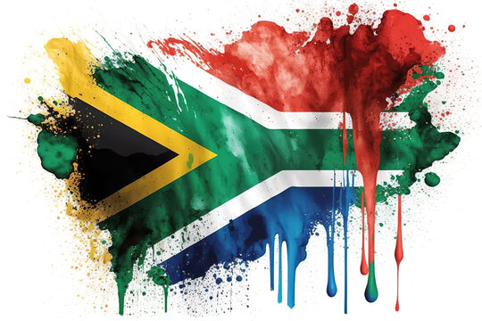 An Illustration of an Expressive Watercolor Painted South Africa Flag With an Explosion of Color, Movement and Artistic Flair