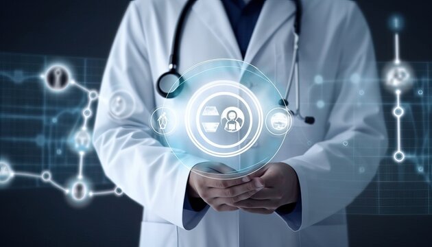 Doctor with stethoscope and Ui icon medical with advanced surgery robotic are precision on virtual interface, Future of healthcare, Medical, Science and Technology