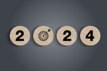 Happy New Year 2024 text design. for Brochure design template, card, banner. Vector illustration. on circle wooden block.