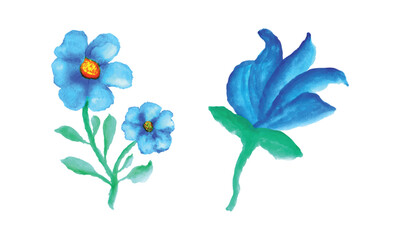 A set of blue flowers on a white background, Blue watercolor flowers design 