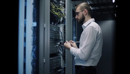 Engineer manager connecting data center on global networking in server room of storage systems and connect of data on internet network business 