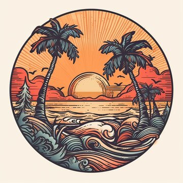 illustration of Tropical landscape with palm trees, ocean and mountain. Cartoon flat panoramic landscape, sunset with the palms art retro style illustration. Generative Ai.