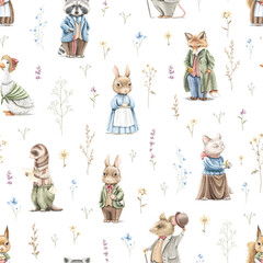 Seamless pattern with vintage, variety of cute animals in clothes and meadow dried flowers isolated on white background. Watercolor hand drawn illustration sketch