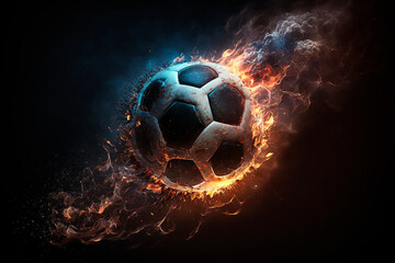 Fototapeta premium A soccer ball frying in the air, with a blazing trail of fire in the background, high flight speed and smoke on a black background. Generative AI