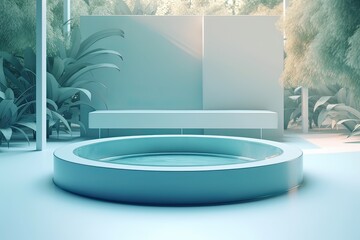 Abstract 3d scene with a cylinder podium backdrop in garden, mountain and water view. Abstract winter scene with a podium in lake view. minimal 3d landscape background. Generative Ai.