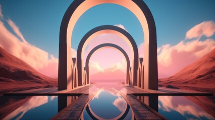 illustration of an Abstract summer landscape scene with geometric form. ocean beach view. 3d rendering. Generative Ai.