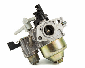 Carburetor, part of a gasoline internal combustion engine, spare part, isolated on a white background