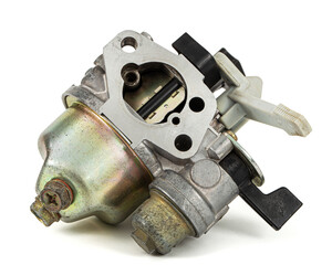 Carburetor, part of a gasoline internal combustion engine, spare part, isolated on a white background