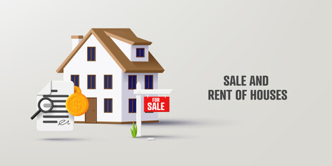 real estate 3d icon of house with contract signed and coins money, everything checked, for sale sign, real estate agency website banner