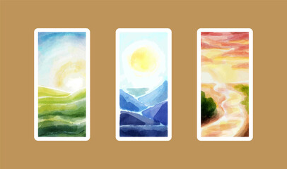 Watercolor landscapes, summer nature views and sun