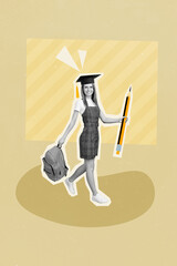 Charming student girl carry backpack big pen pencil wear graduation hat tassel mortarboard best college prefect head girl