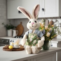 plush rabbit wearing an apron sitting on the kitchen counter, next to a vase of flowers. created using generative AI tools