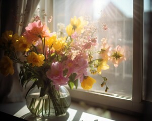 Lovely flowers in a vase in a sun-filled window. created using generative AI tools