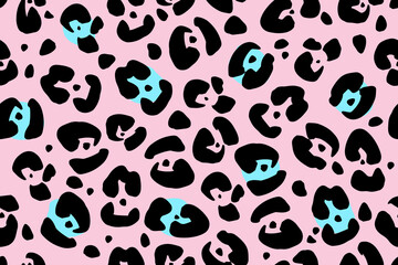Vector modern abstract animal print. Design template for wallpapers, fabric and textile. Black and blue leopard fur stains on pink background
