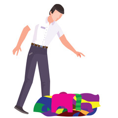 a man in a white shirt and dark trousers bent over a pile of multi-colored clothes, flat, isolated object on a white background, vector illustration,