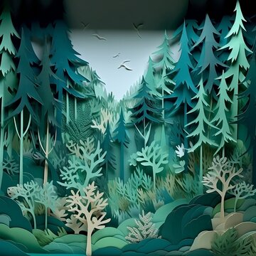 Forest nature trees, paper art 3D green image of forest, AI generated art 