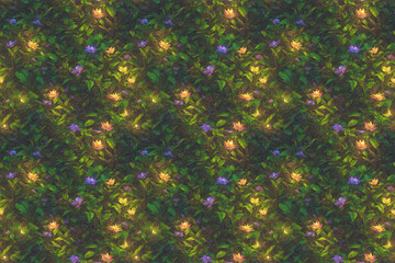 Seamless pattern with with mystical luminous flowers on a night meadow. Decorative painting, Generative AI