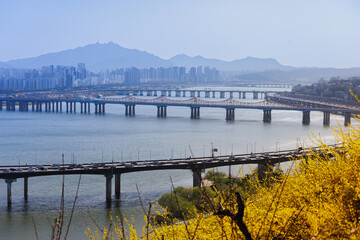Seoul Han river scenery in spring, forsythia, many bridges, traffic jam, skyline of many buildings and silhouettes of mountains (서울, 한강 다리)