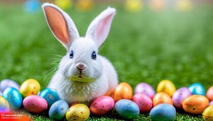 Fototapeta na wymiar Happy Small White Easter Bunny surrounded with colorful - generative AI