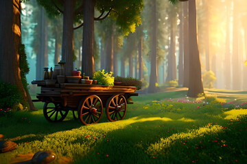 A wagon in the middle of a fairy-tale forest - obrazy, fototapety, plakaty