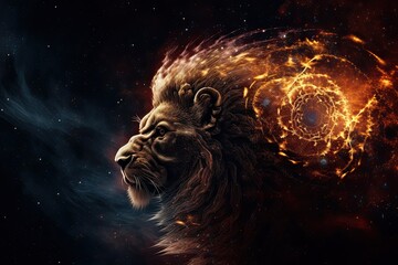 A Majestic Lion amidst the Vast Swirling Fractal of the Spiral Galaxy. Generative AI