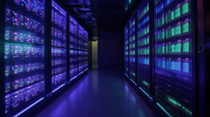 Fototapeta premium 青と紫のグラデーションに照らされたサーバーラック