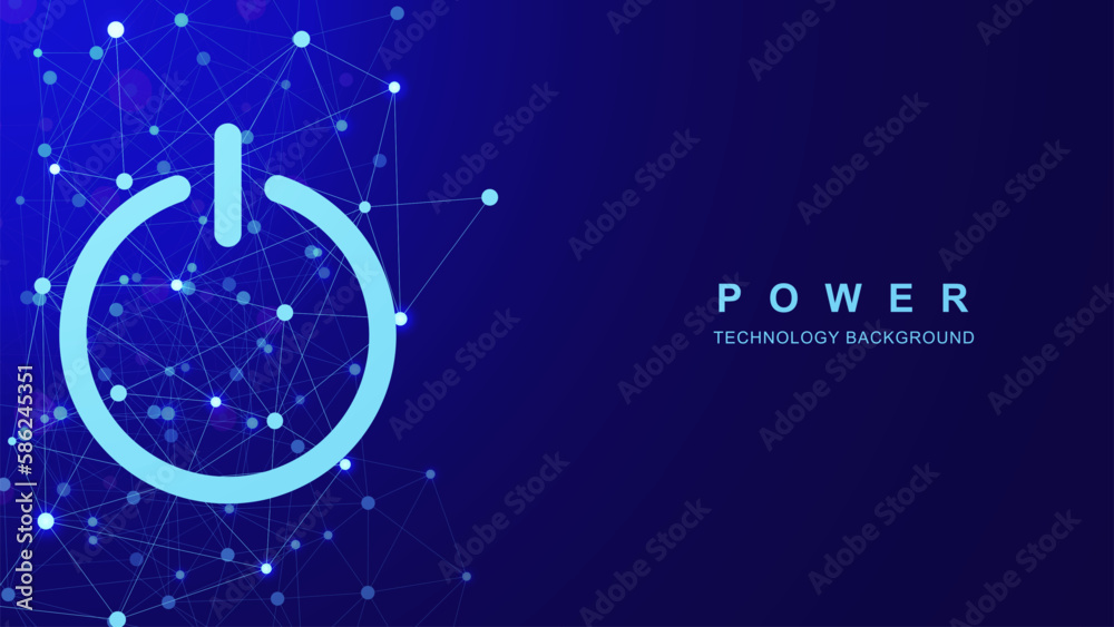 Poster abstract dots and lines connection with power button on blue background. futuristic technology backd