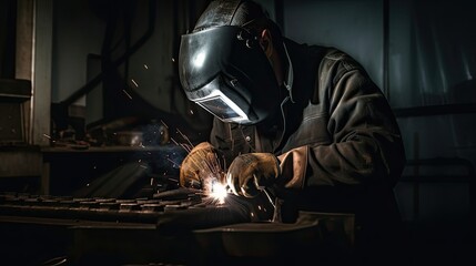 Man in Protective Clothing Welds Steel in Industrial Work Process. Generative AI