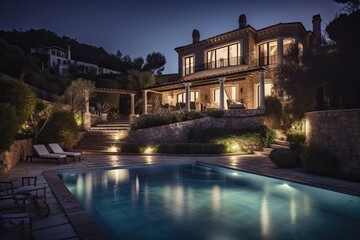 Luxurious Summer Stay at Mediterranean Style Villa: Evening View of Courtyard, Pool and Impressive Architecture. Generative AI