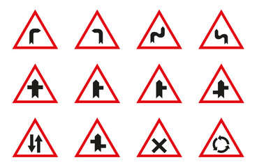 Warning signs showing the direction of traffic. Vector graphics.