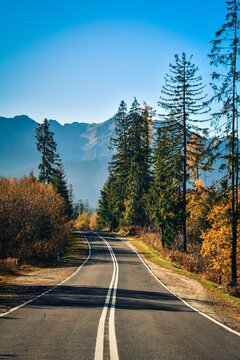 Beautiful mountain landscape in the morning. The most beautiful road in Poland with a view of the Tatra Mountains.