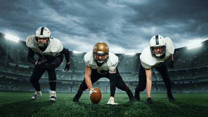 Three sportsmen, american football players in uniform getting ready to play at open air at 3D...