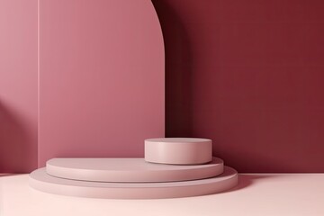Empty podium, mock up placement display, blank beauty stand for cosmetic product fashion ads on minimal pink background. Luxury pedestal stage mockup scene platform ai generative concept.