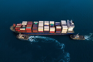 Aerial view container cargo ship in import export business commercial trade logistic.