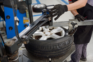 male car mechanic Changing 4 new tires in tire shop to change car wheels at service center or auto repair shop for auto industry