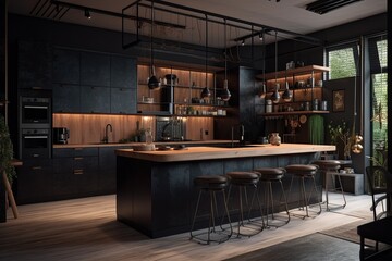 Contemporary dark kitchen interior_Generative_AI_