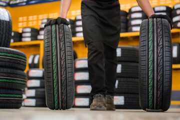 new tires Car mechanic brings new tires in stock 2 lines to the tire shop to change the wheel of...