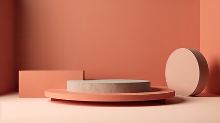 Empty podium, mock up placement display, blank beauty stand for cosmetic product fashion ads on minimal pink background. Luxury pedestal stage mockup scene platform ai generative concept.