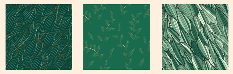Fototapeta na wymiar Set of beautiful seamless floral pattern. Modern tropical green patterns. Vintage background collection. Spring botanical print.