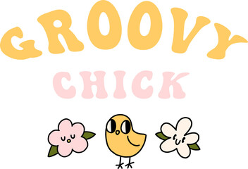 Groovy y2k retro easter holiday funny party print lettering template. Groovy chick. Happy easter phrase design. Isolated on transparent background. PNG illustration