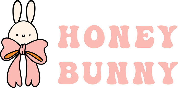 Groovy y2k retro easter holiday funny party print lettering template. Honey bunny. Happy easter phrase design. Isolated on transparent background. PNG illustration
