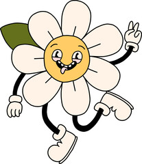 Funny daisy flower smiling face. Groovy spring, summer chamomile character mascot. Cartoon hippie 70s style illustration. Bloom floral PNG doodle, trendy retro style. Isolated, transparent background